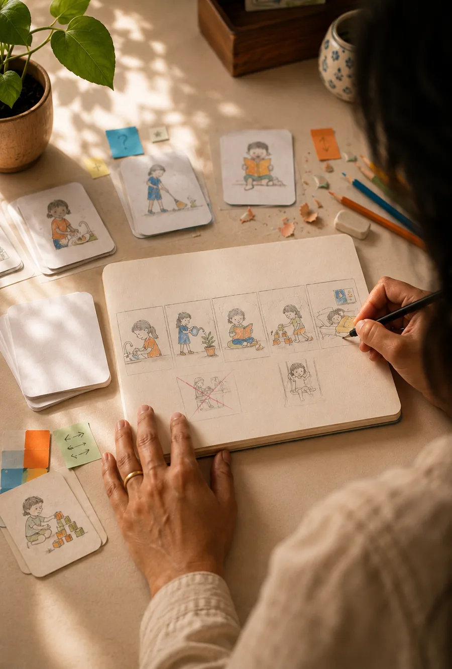 Hand-sketching flashcard concepts in a notebook, surrounded by early illustration drafts
